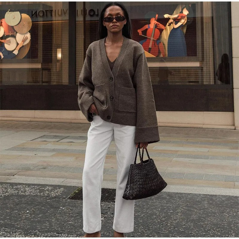 Moderner Freizeit-Cardigan für Damen, V-Ausschnitt Design, bequemer Langarm-Strick