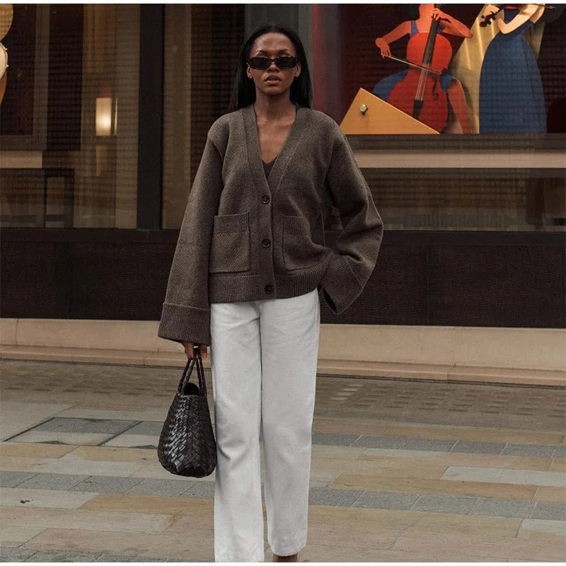 Damen Pullover Cardigan in meliertem Ton mit V-Ausschnitt und praktischen Taschen