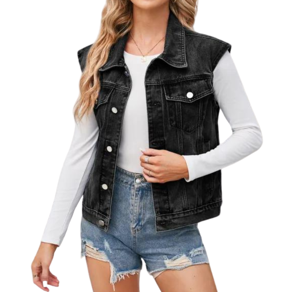 Damevest med vasket look, tidløs vintage stil, perfekt for lag-på-lag bruk. Tilgjengelig i svart og blå.