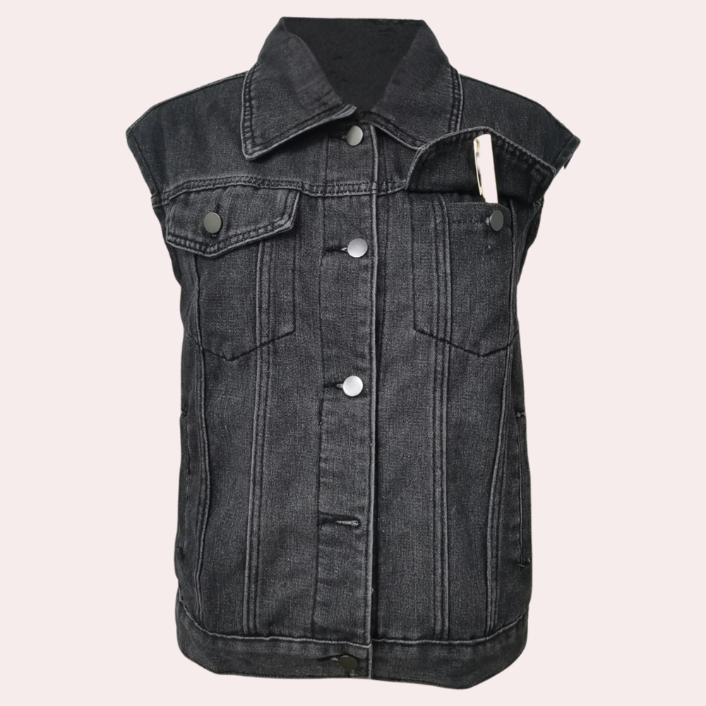 Moderne damevest i blått med vasket look. Ideell for lag-på-lag antrekk og vintage inspirert mote.