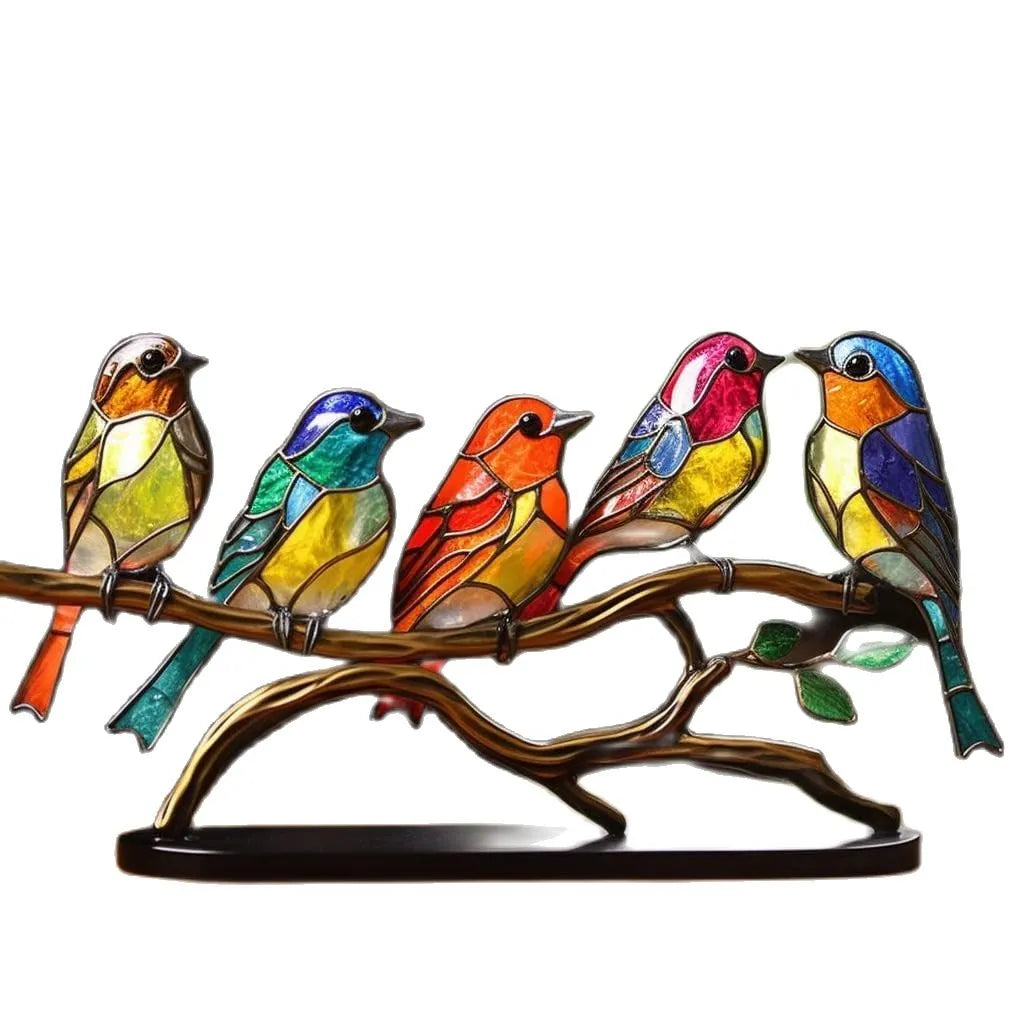 Abstrakt moderne kunstskulptur med fargerike fugler, unik og iøynefallende hjemmedekor.