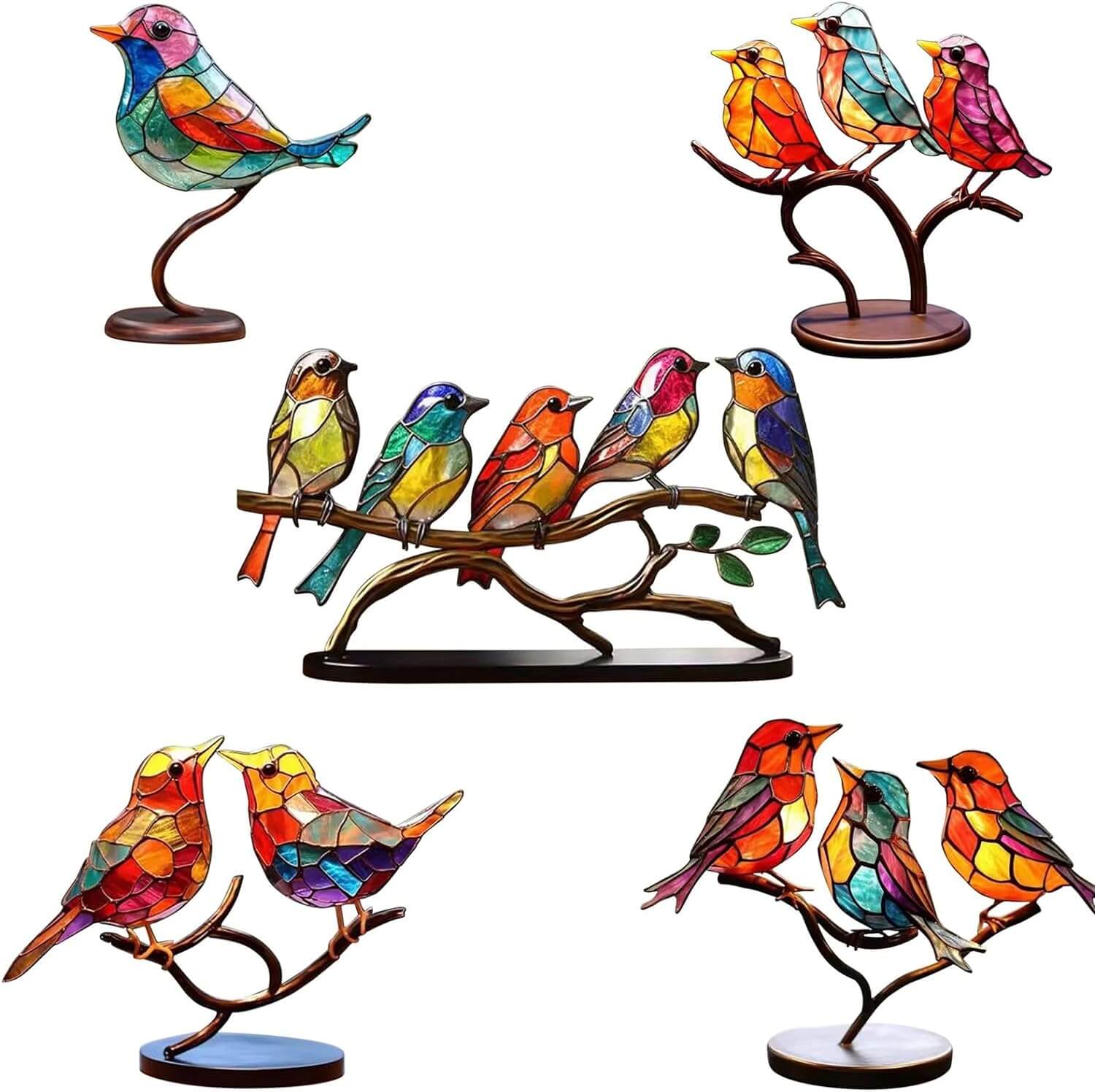 Perfekt gaveide: Håndlaget skulptur med fargerike fugler på gren, nydelig kunst til hjemmet.