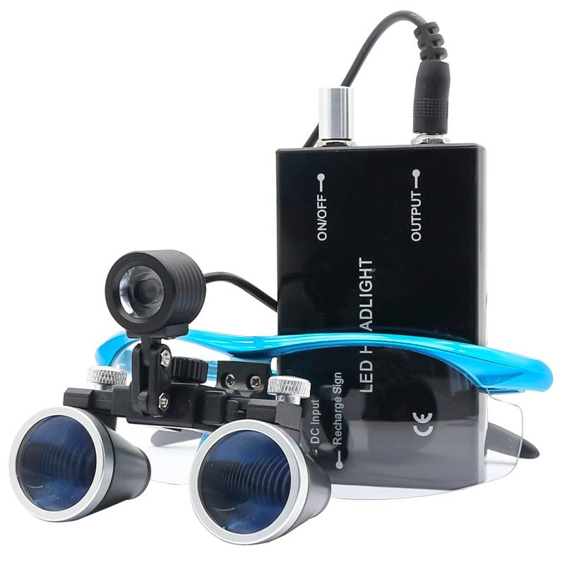 "Dental Lupen-Set mit 2.5x/3.5x Vergrößerung, LED-Stirnlampe, Blau-Schwarz-Silber, ideal für präzise zahnmedizinische Arbeit.