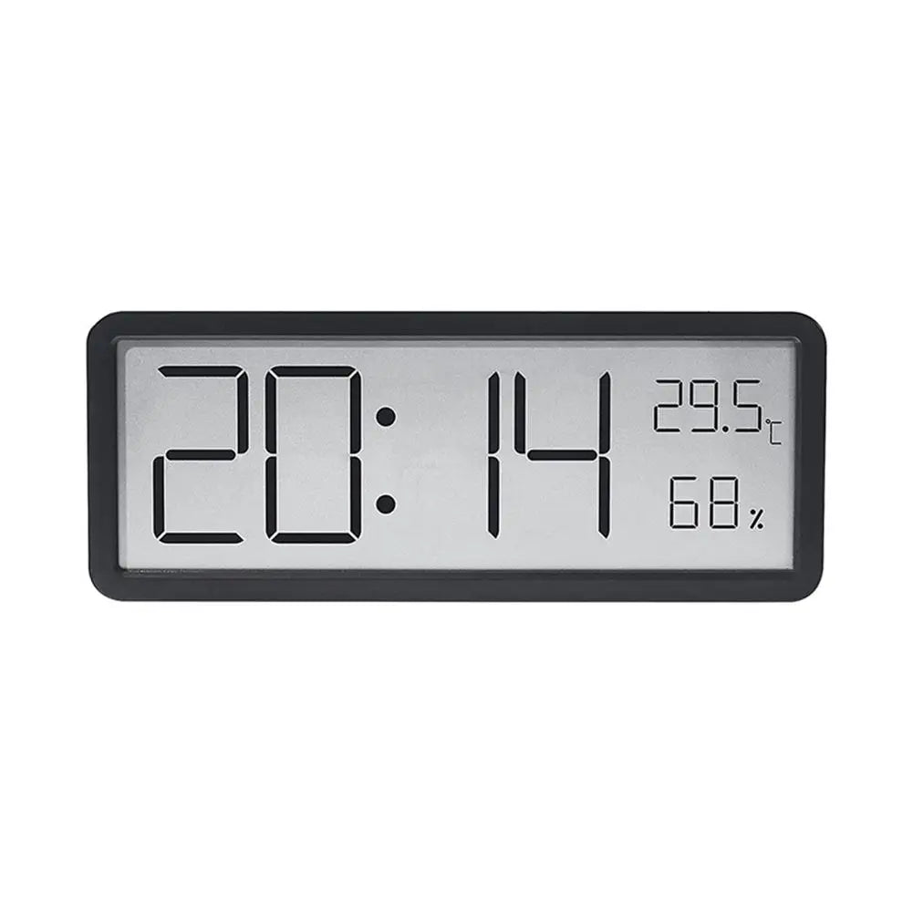 Minimalistisk digital veggklokke med LED-display, viser temperatur og fuktighet, perfekt for kontor.