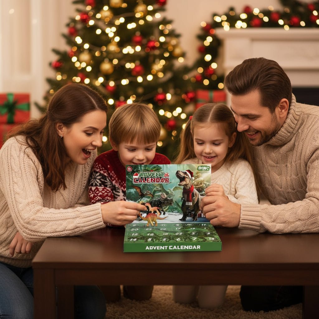Barn åpner en luke på dinosaur julekalender, avdekker en detaljert dinosaur samlefigur, spennende førjulsgave.