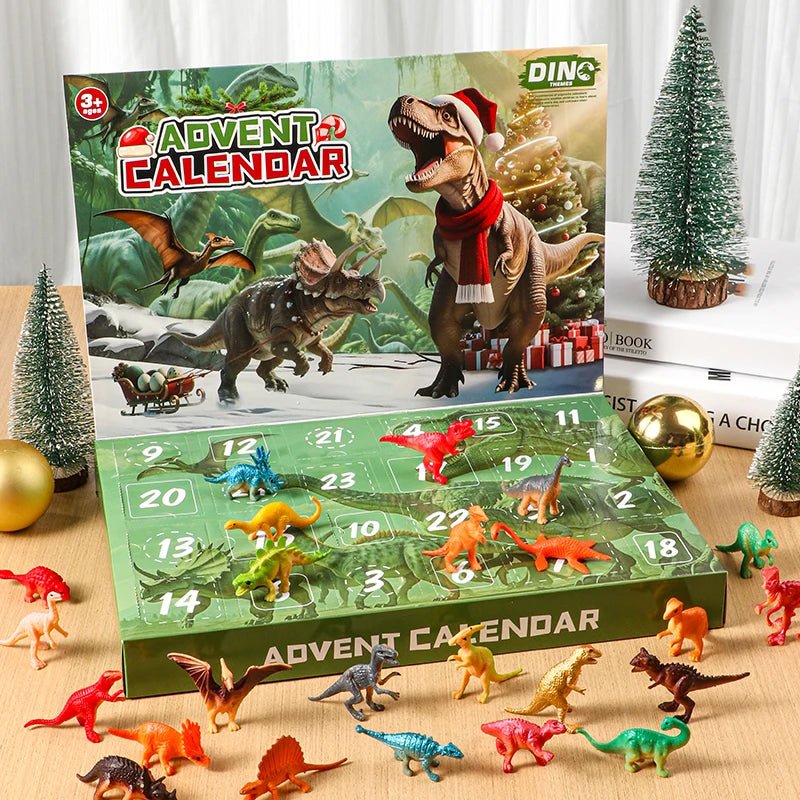 Adventskalender med dinosaurtema og flere åpnede luker som viser unike pedagogiske dinosaurleker for barn.