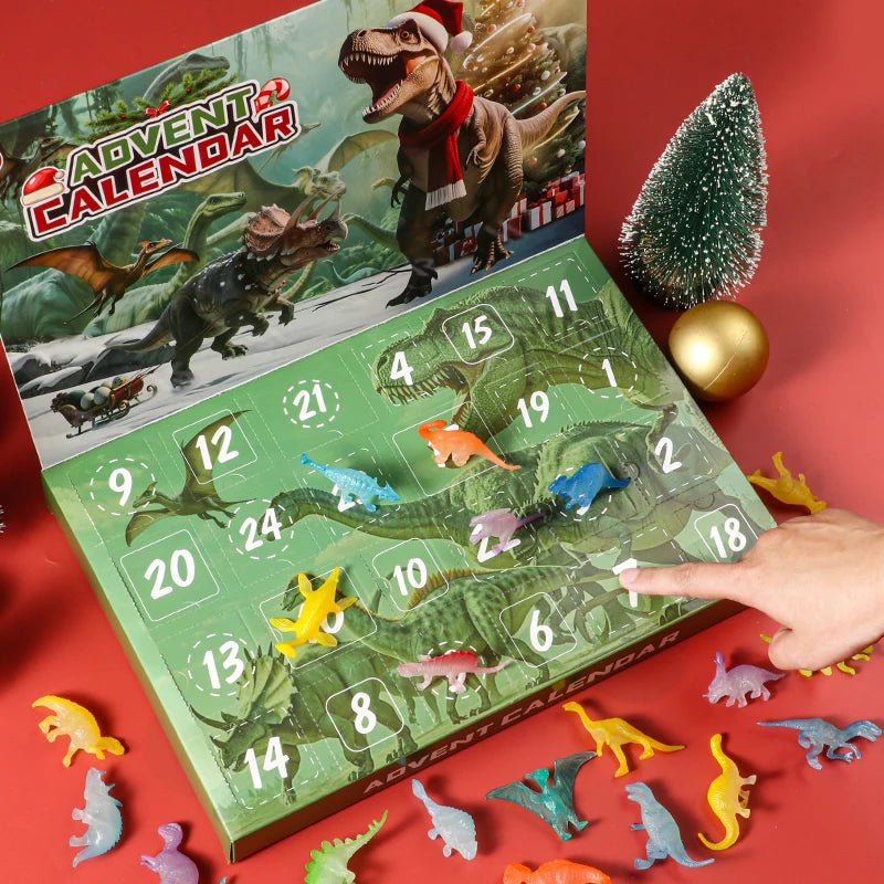 Julekalender for barn med en T-Rex dinosaurfigur synlig bak en luke, spennende førjulsgave og lekesett.
