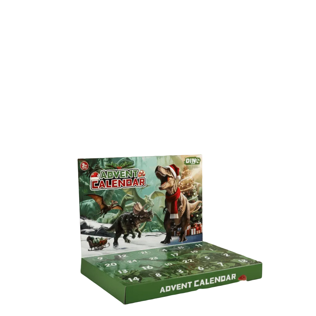 Dinosaur adventskalender plassert på et festlig juletema-bakgrunn, klar for å glede barn med leker og spenning.
