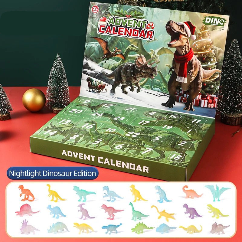 Dinosaur julekalender viser "24 Spennende Overraskelser", en perfekt adventsgave fylt med forhistoriske leker for barn.