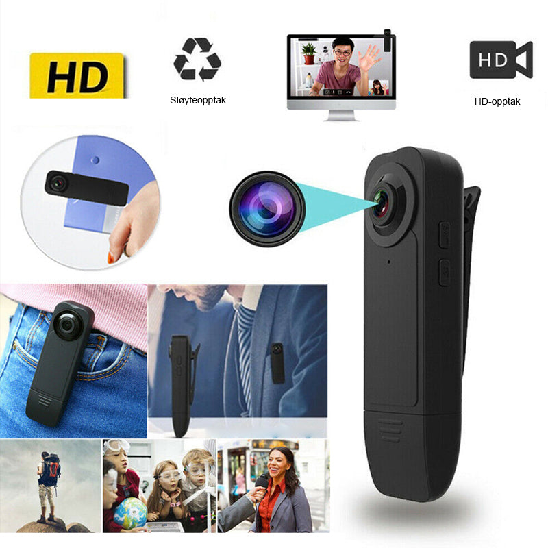 Sidevisning av bærbart 1080P HD minikamera; diskret videoopptaker for personlig sikkerhet og opptak.