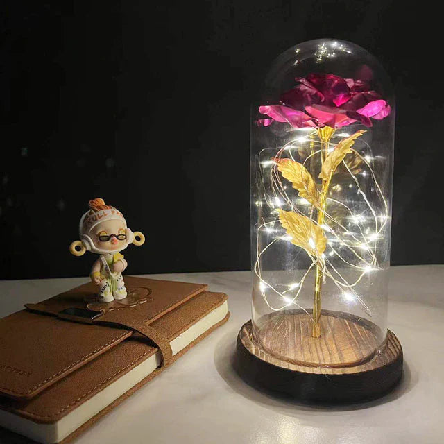 Detaljbilde av galakse rosen i glasskuppel med LED-belysning, en DIY-gaveidé