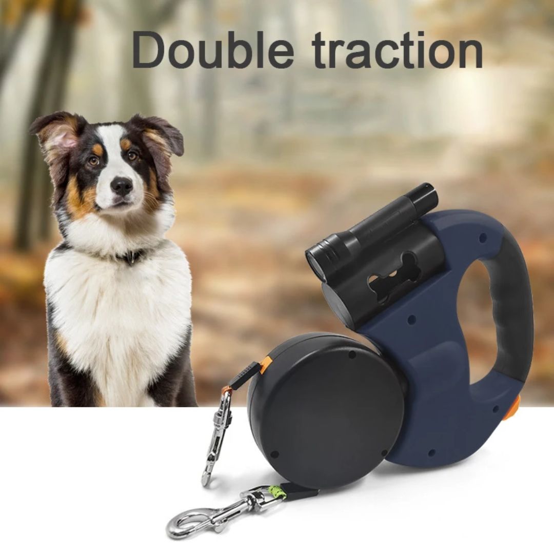 Ergonomisk dobbelt hundebånd med innebygd lommelykt, perfekt for to hunder og allsidig hundetilbehør.
