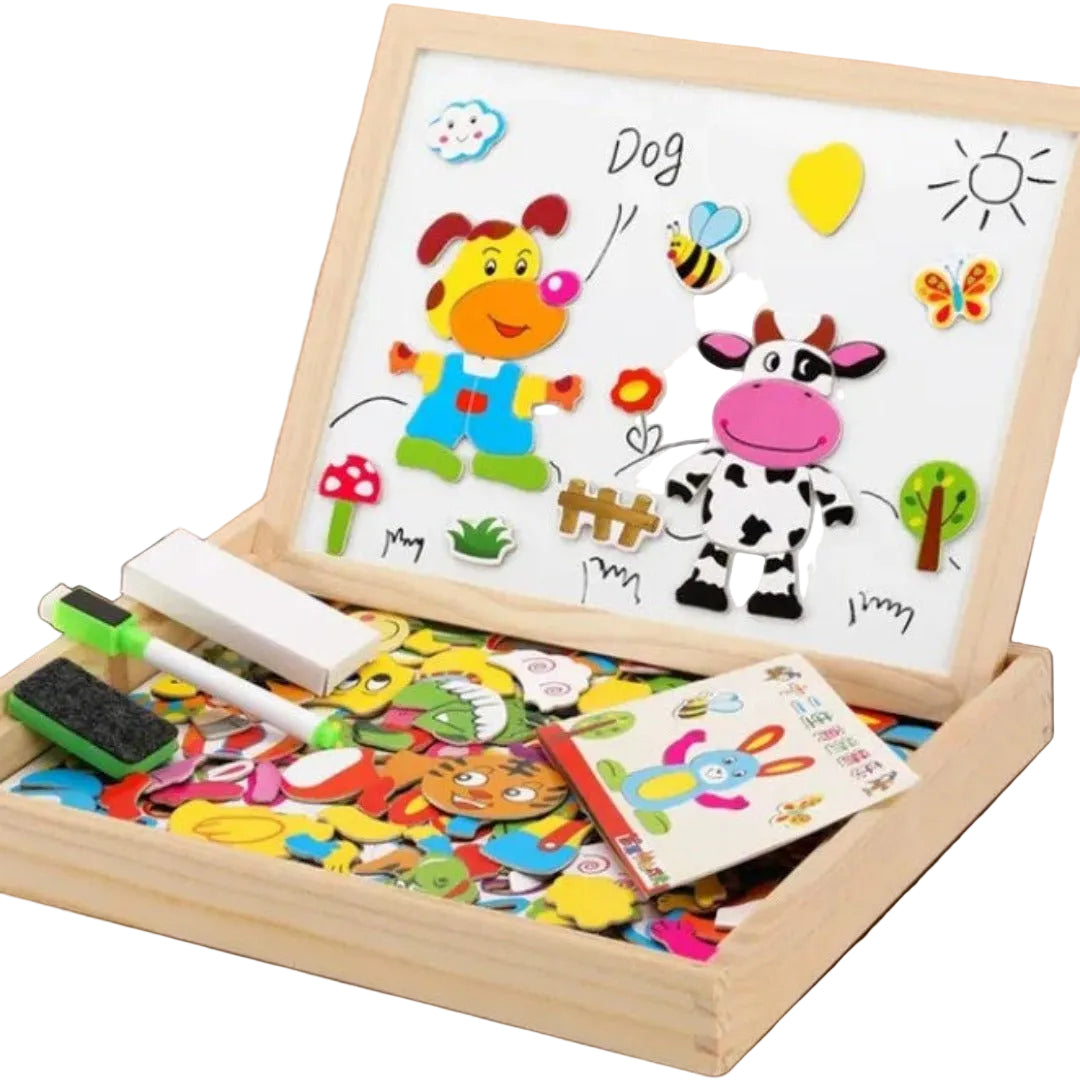 Dobbeltsidig tegnebrett for barn med svart krittavle og hvit magnetisk whiteboard for kreativ lek og læring.