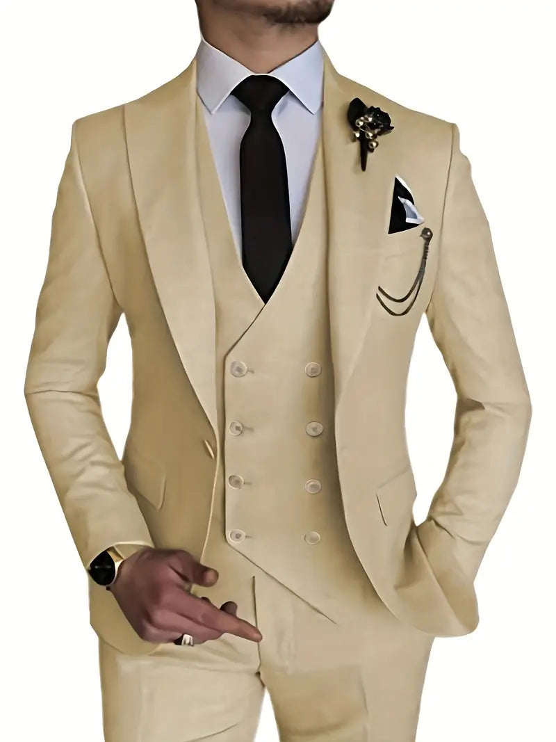 Komplett herredress med blazer, vest og bukser, designet for et elegant og skreddersydd utseende.