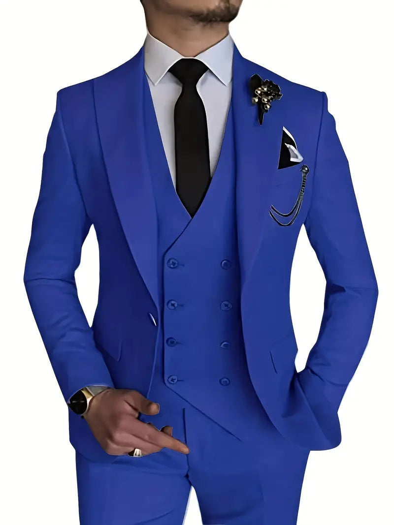 Allsidig dressett for menn, med elegant blazer, vest og bukser. Passer til både fest og jobb.