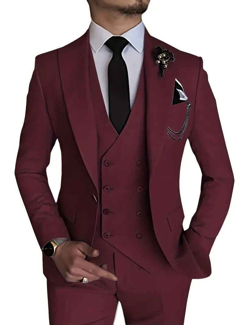 Moderne 3-dels dress for menn. Stilig blazer, vest og bukser, ideell for herremote og fest.