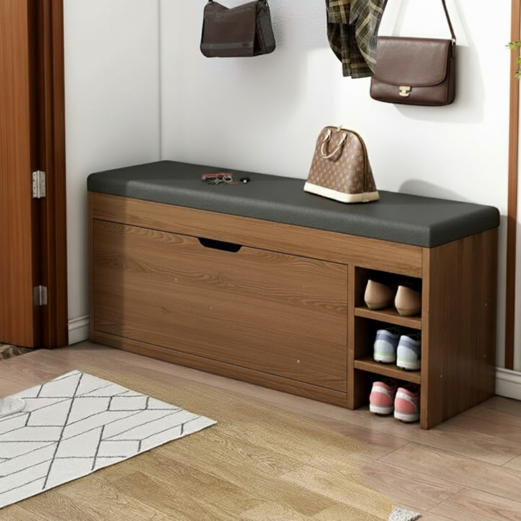 Stilig skoskapsbenk med elegant design. Perfekt for små leiligheter, tilbyr komfortabel benk og organisert sko oppbevaring.