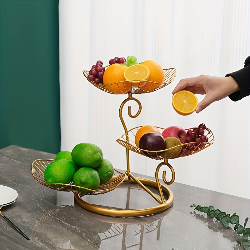 Praktisk 3-lags fruktskål i moderne svart/gull design. Effektiv kjøkkenorganisering og elegant oppbevaring.