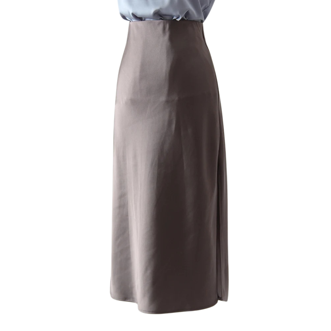 Elegant dameskjørt med A-linje snitt; midi lengde, ideelt for formelle og uformelle settinger.