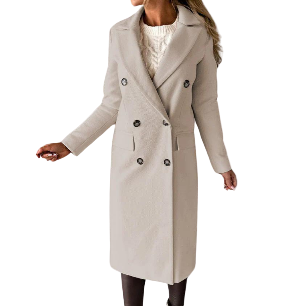 Elegant beige damejakke. Tidløst yttertøy for kvinner, perfekt for høst og vinter, med stilfull passform.