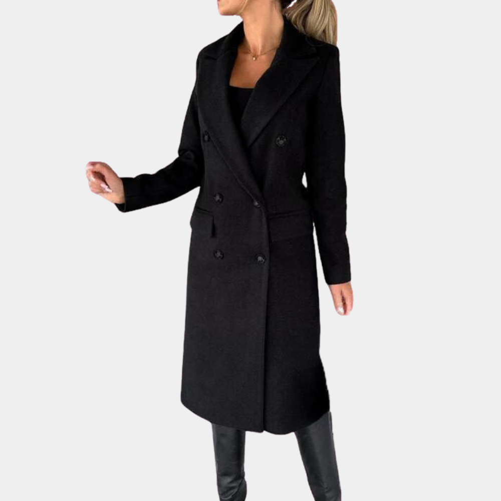 Nærbilde av elegant damejakke i svart. Detaljer viser komfortabelt og stilfullt yttertøy for kvinner.