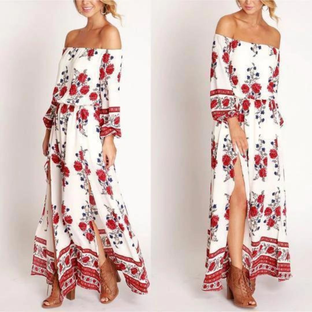 Boho-inspirert blomstret maxikjole for kvinner med fargerikt mønster. Lang, elegant kjole, perfekt for date night.
