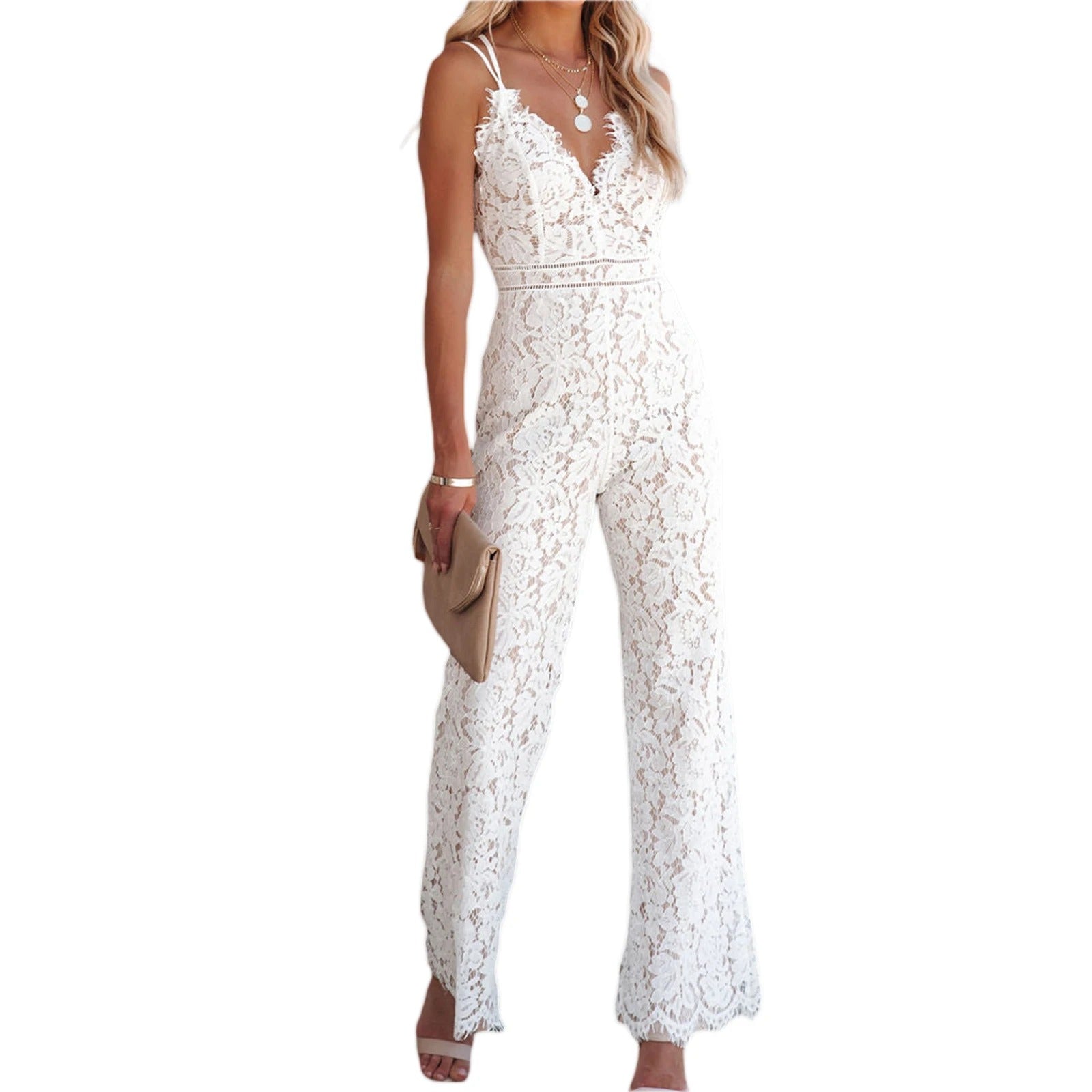Kvinner ermeløs jumpsuit med blonder og blomster, ideell for sommer og elegant damemote.