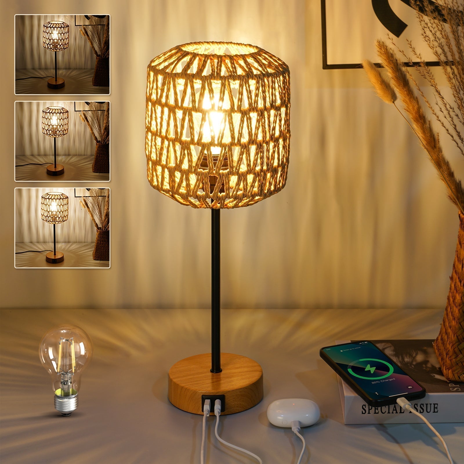 Elegant bordlampe, perfekt hjeminnredning. Dimbar LED, berøringskontroll og USB-lading for soverom og stue.