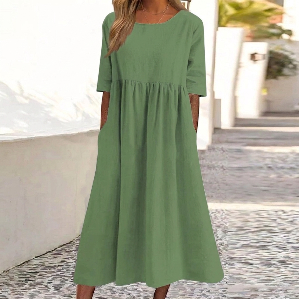 Løs og elegant casual kjole i bomull-lin med lommer, en behagelig sommerkjole for kvinner.