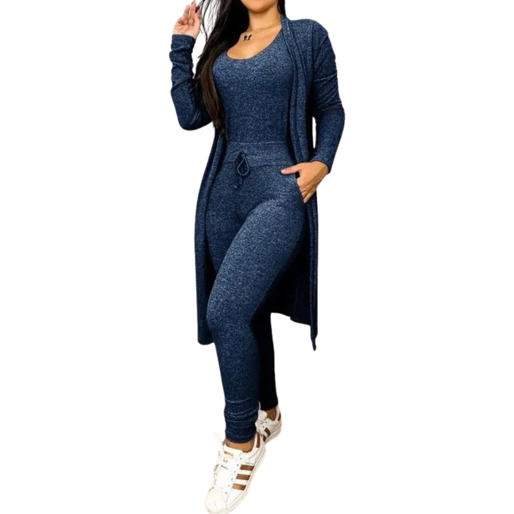 Elegant dame jumpsuit og matchende kåpesett med snøring. Todelt komplett antrekk for kvinner.
