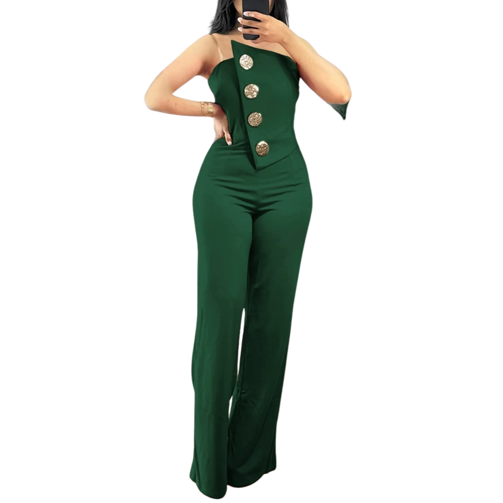 Stroppeløs asymmetrisk bandeau jumpsuit for kvinner. Moderne, komfortabel og trendy kveldsplagg.