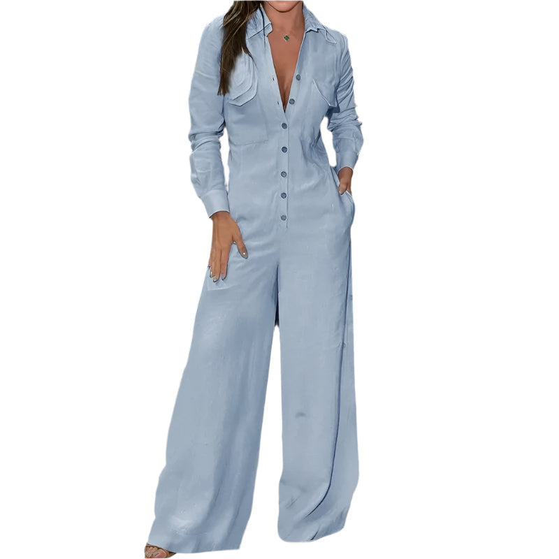 Elegant dame langermet jumpsuit med krage, perfekt for hverdag og fest. Komfortabel passform.