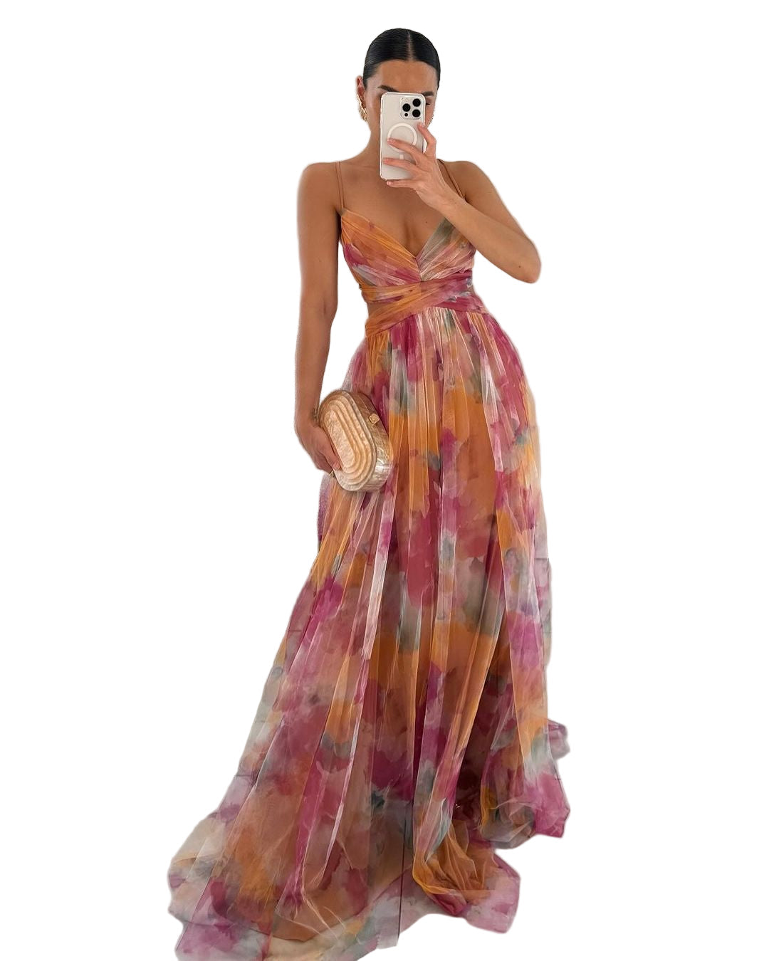 Elegant dame maxikjole med akvarelltrykk, perfekt for bryllup og fest. Oransje og grønn lang sommerkjole.