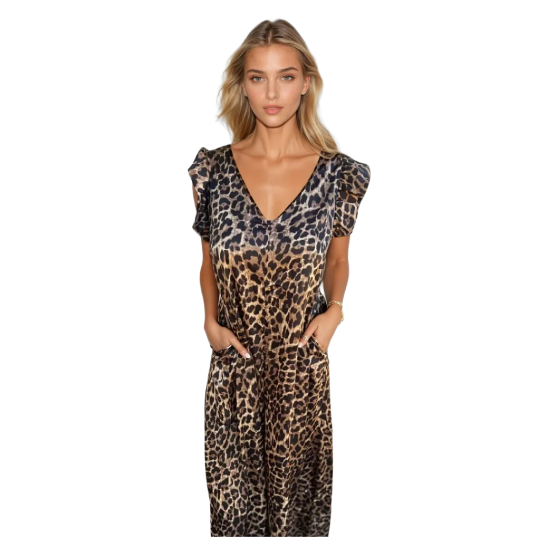 Elegant dame maxikjole med leopardmønster. Komfortabel sommerkjole med lommer for kvinner.