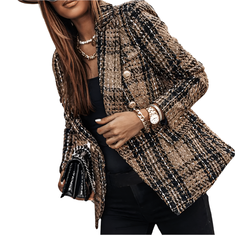 Elegant dame rutete blazer i klassisk stil, perfekt for kontor eller fritid. Tidløs kvinneblazer for vår/høst.