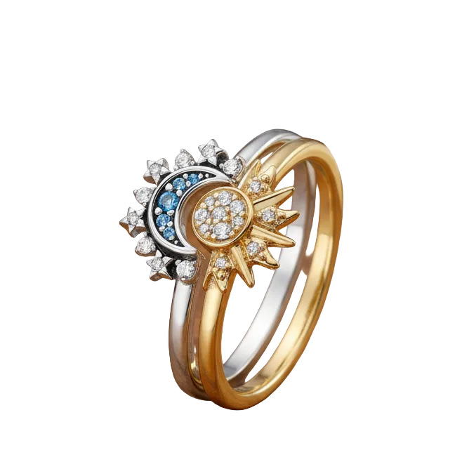 Elegant dame sølvring med unik måne- og soldesign. Laget av sterling sølv, perfekt for hverdag eller fest.