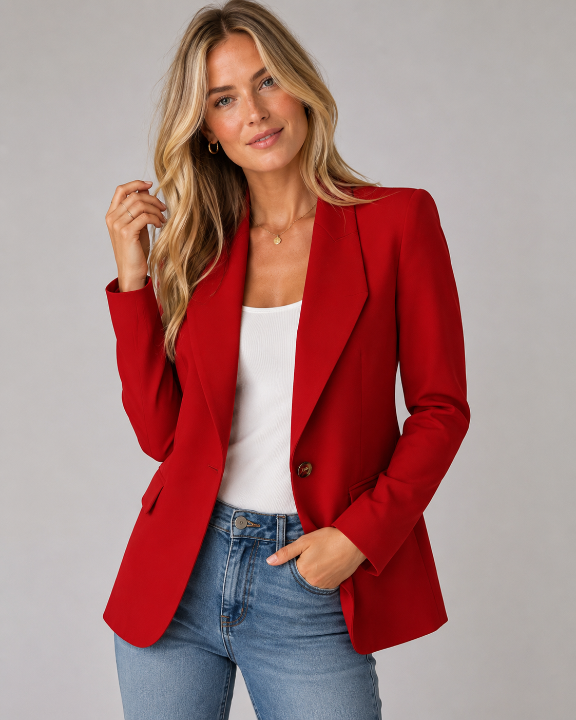 Detalj av skreddersydd dameblazer. Elegante slag og knapper fremhever den profesjonelle og klassiske kontorstilen.