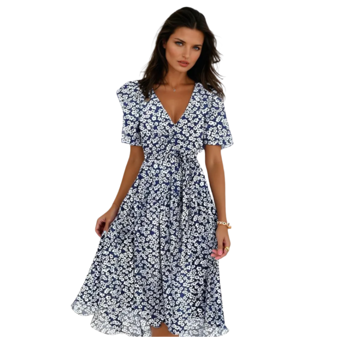 Elegant damekjole med korte ermer, perfekt for komfort og stil. Allsidig sommer- eller hverdagskjole.