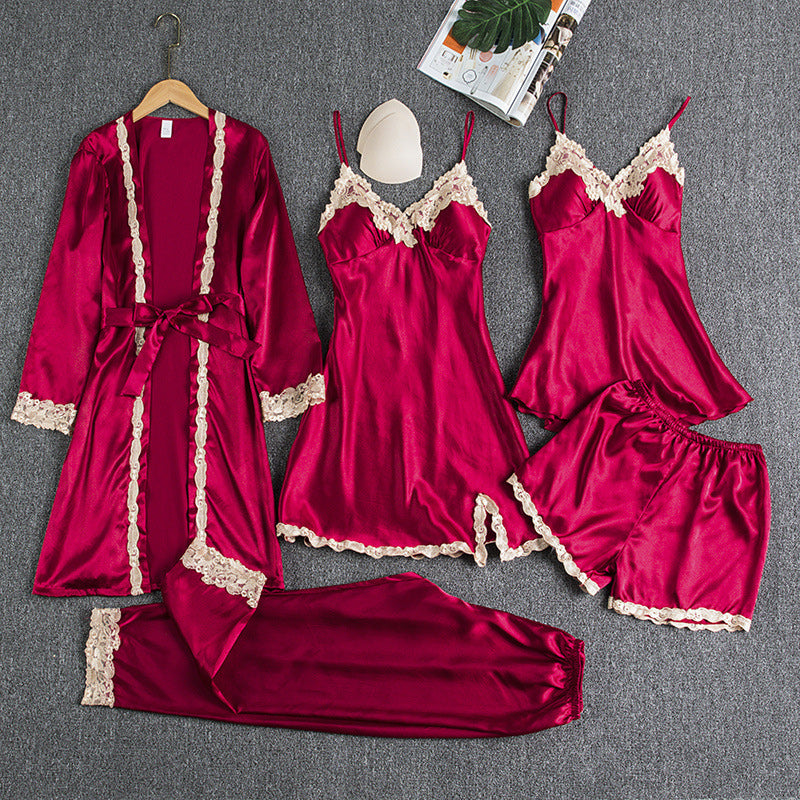 Sommerlig silke pyjamas sett for kvinner med blonder, et femdelt nattøy og hjemmeklær valg for varme dager.