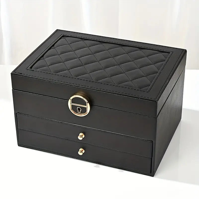 Detaljbilde av elegant smykkeskrin i skinn med fine sømmer. Perfekt for smykkeoppbevaring.
