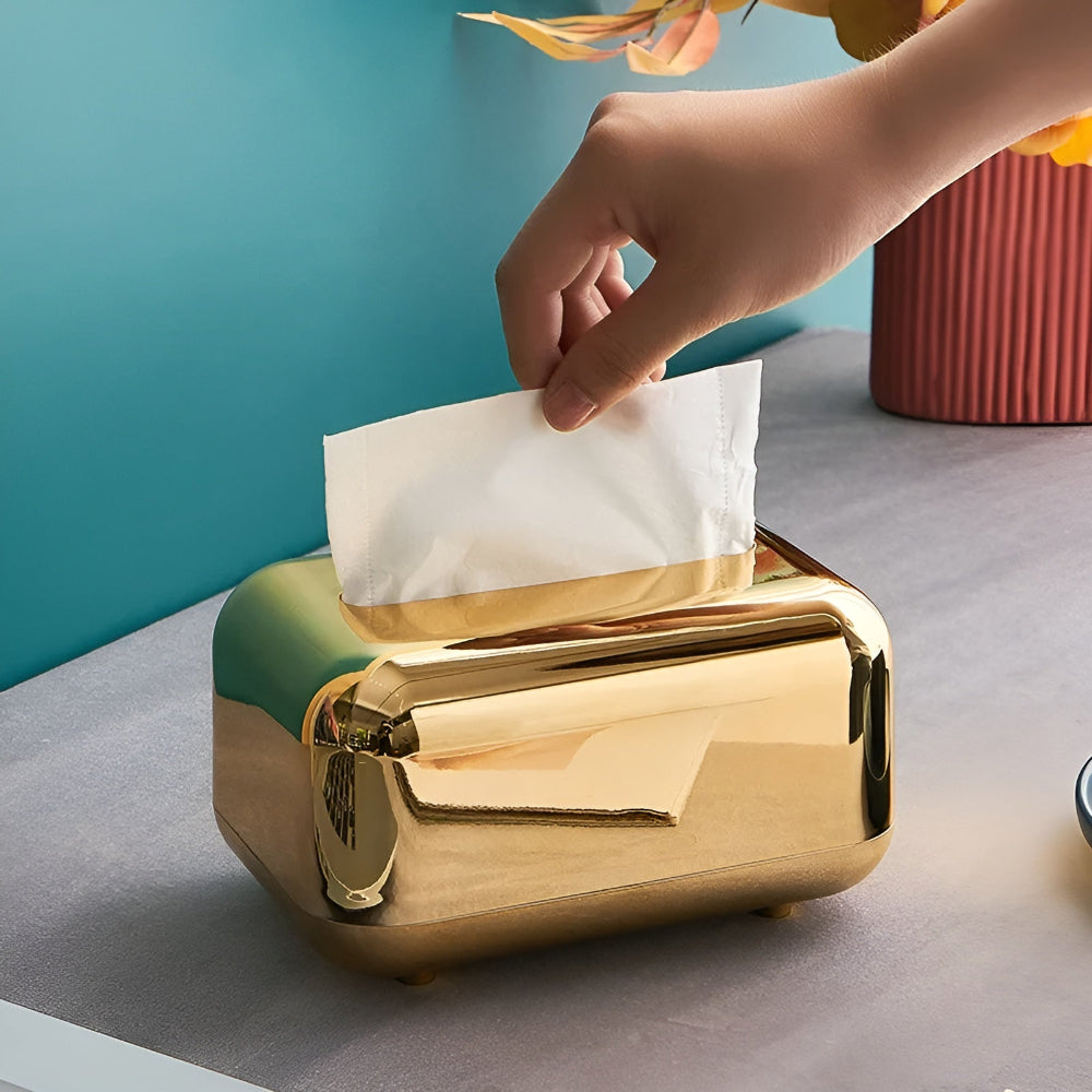 Moderne sølv vevboks med speilfinish, dekorativ og minimalistisk oppbevaring for hjemmet.