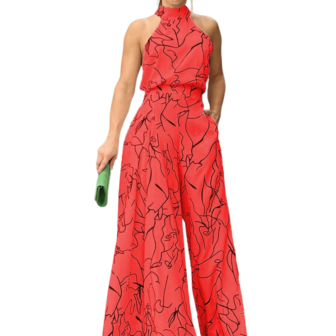 Nærbilde av elegant halterneck jumpsuit; viser detaljert hals og stoff for kvinner.