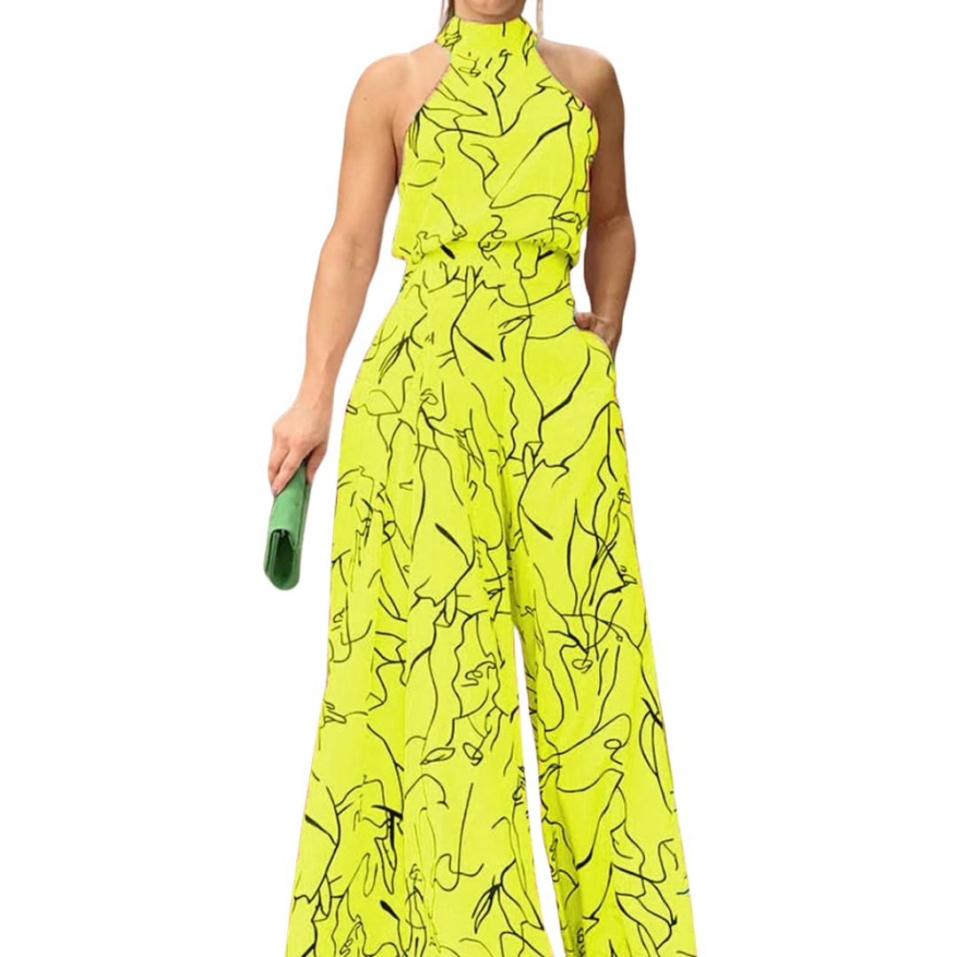 Mønstret halterneck jumpsuit for kvinner, elegant design med lett stoff. Perfekt for sommerdager.