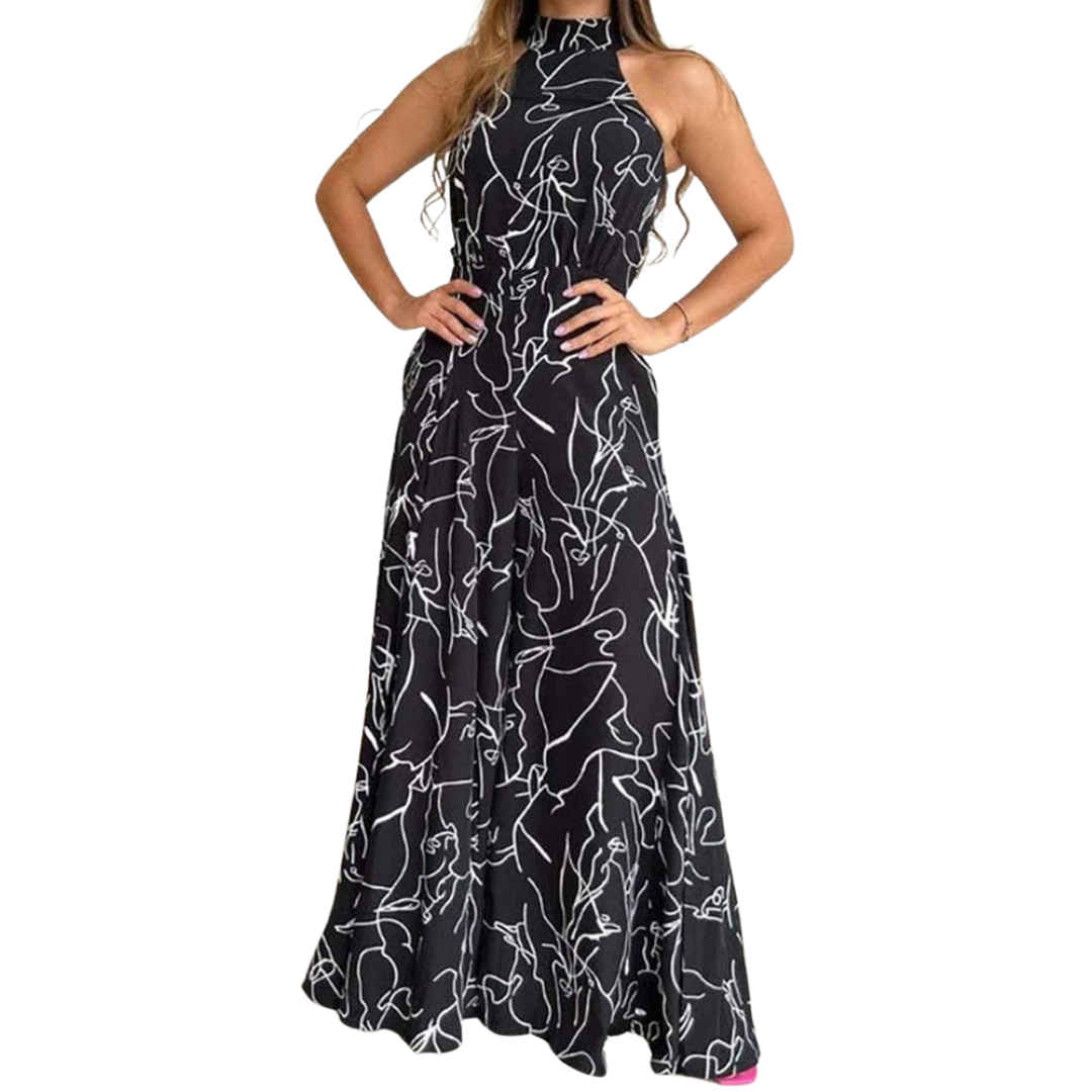 Modell viser elegant halterneck jumpsuit med vide ben, perfekt for sommer og fest for kvinner.