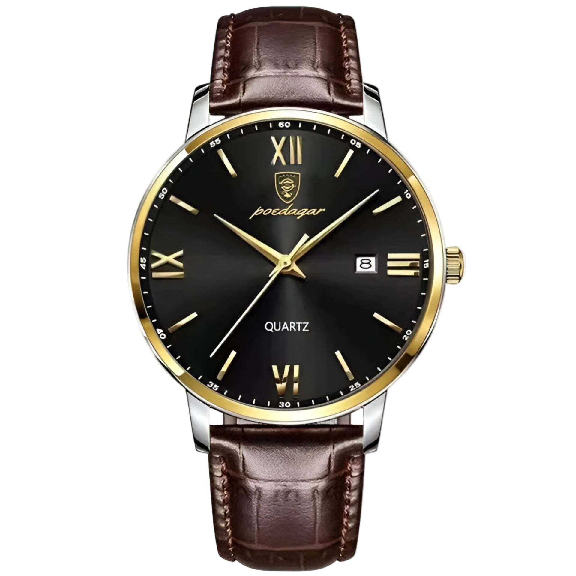 Elegant herre armbåndsur med svart lærreim, klassisk design og kvartsurverk. Perfekt herremote tilbehør.