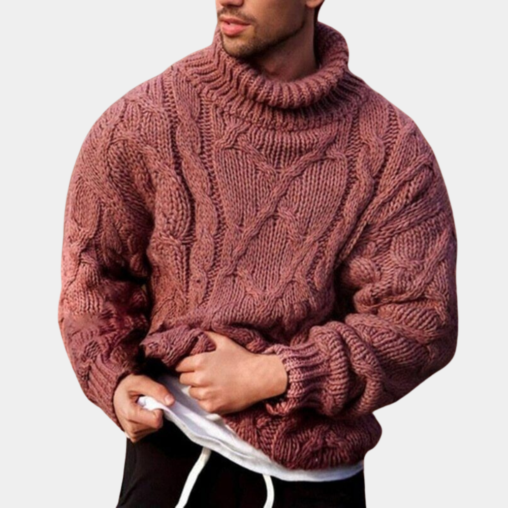 Allsidig herresweater med rullekrage og kabelstrikk. Perfekt strikkegenser for menn, komfortabel vintervarme.