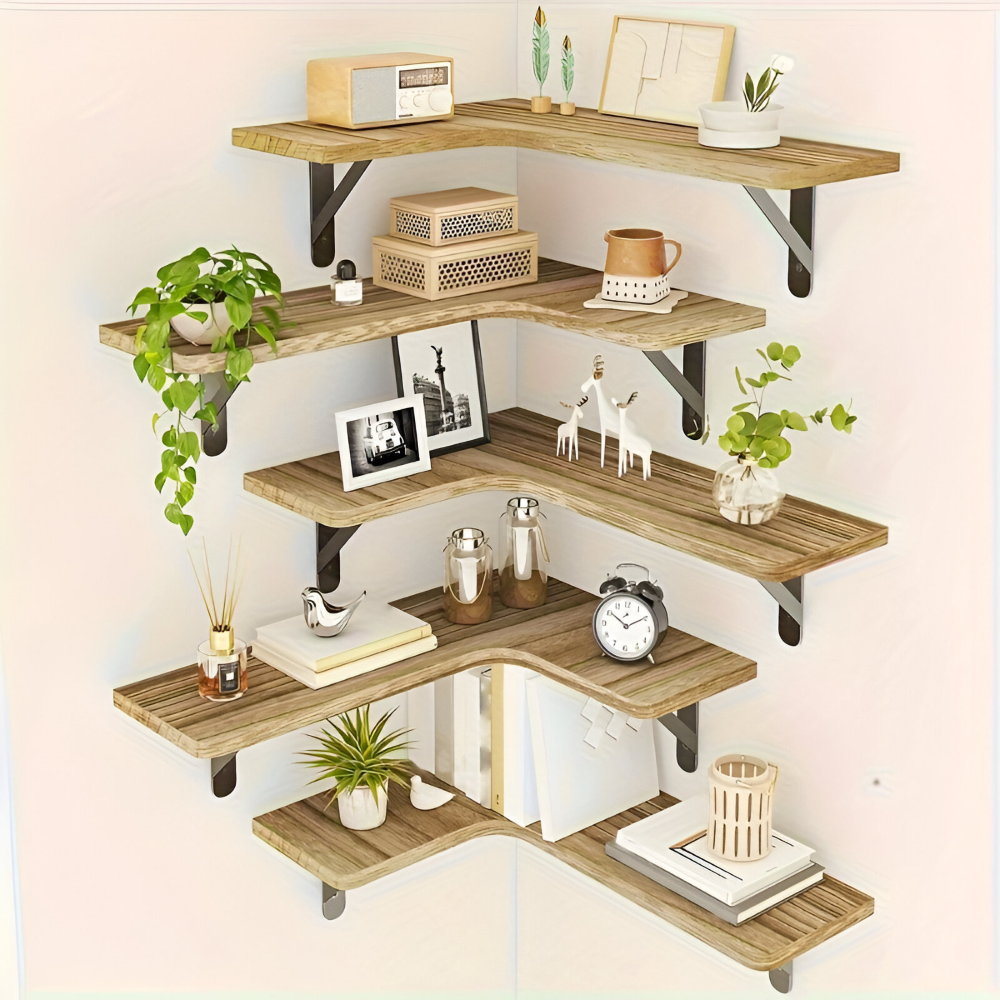 Rustikk trehylle for hjørne, laget av massivt tre. Ideell vegghylle for hjemmeinnredning og oppbevaring.