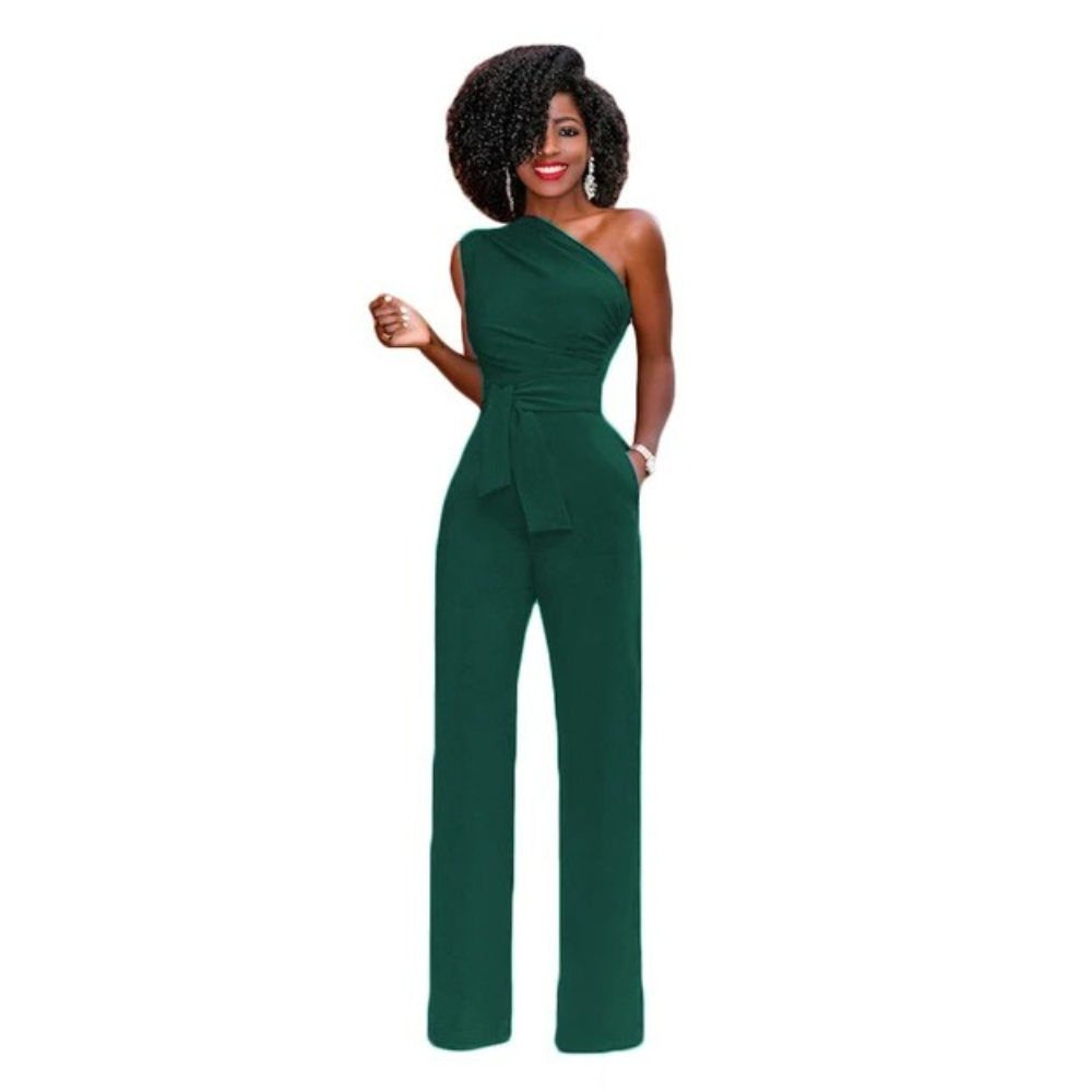 Elegant hvit bodycon jumpsuit for kvinner, én skulder, vide ben og midjebelte, perfekt festantrekk.