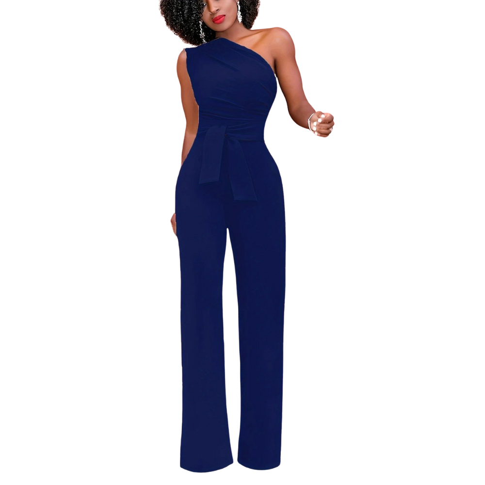 Kvinner elegant én-skulder jumpsuit med midjebelte, vide ben, perfekt for formelle anledninger.