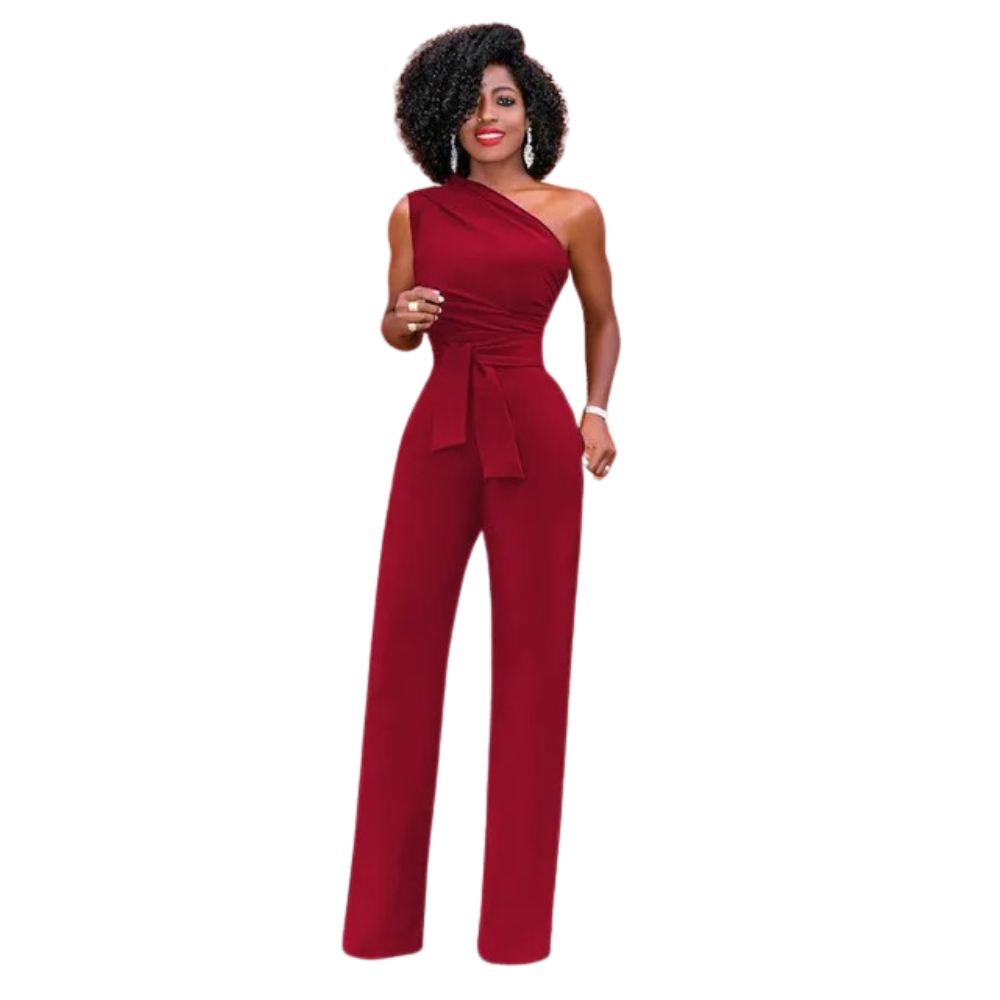 Sommerstil jumpsuit for dame, én skulder, kroppsnær passform, vide ben, elegant og behagelig.